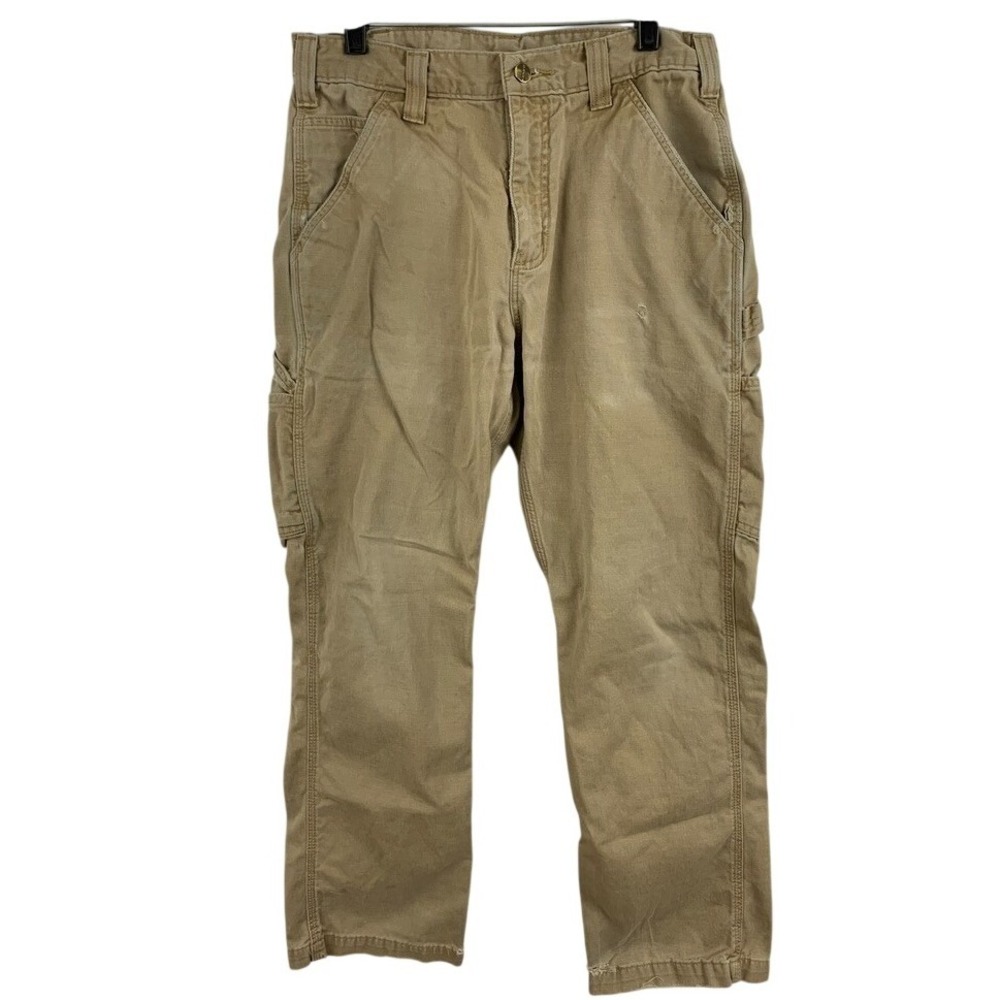 Carhartt Men Canvas Carpenter Pants Tan Khaki Workwear 32x30 Distressed B159 DES